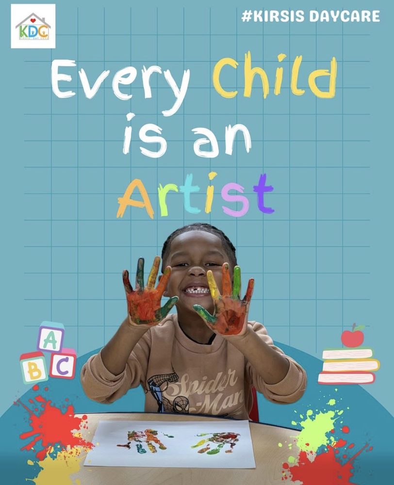 Kirsis' Daycare "Every Child is an Artist" flyer showing a smiling child with paint-covered hands over a handprint art project