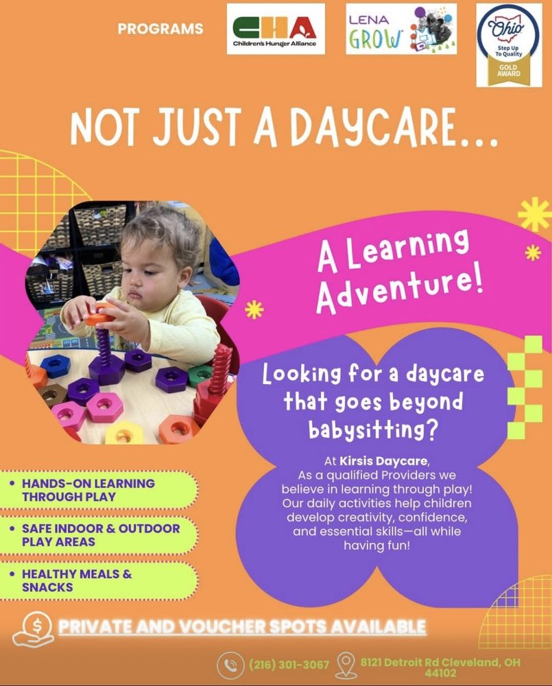 Kirsis' Daycare programs flyer: a toddler playing with stacking toys, with Children's Hunger Alliance, LENA GROW, and Ohio Step Up to Quality program logos